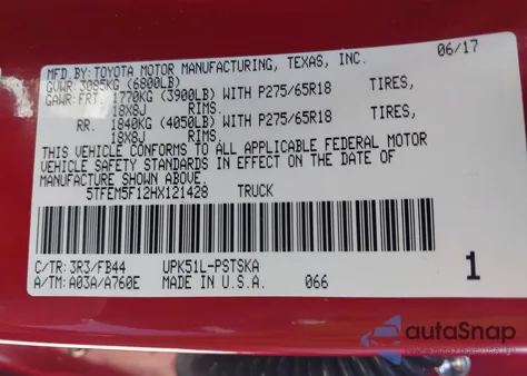2017 Toyota Tundra Sr5 4.6L V8 z USA, uszkodzony, nr VIN 5TFEM5F12HX121428
